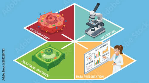 Bild auf Leinwand Scientific research process with cellular study, microscope, biological specimen, and data presentation