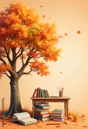 Stacked books and open pages beneath autumn tree