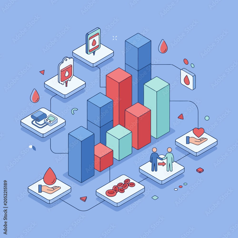 Fototapeta premium Isometric infographic showing blood donation data and statistics