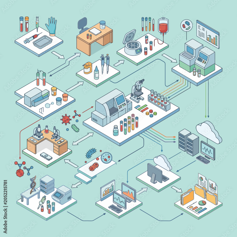 Fototapeta premium Isometric vector illustration of a laboratory workflow diagram