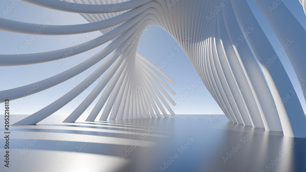 Obraz premium Futuristic white geometric structure with curved lines and architectural shapes on a blue sky background, minimalist modern 3D rendering illustration