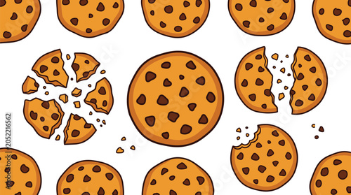 Chocolate chip cookies vector illustration pattern collection featuring whole baked biscuits broken pieces crumbles and crunchy bitten snacks isolated on white.