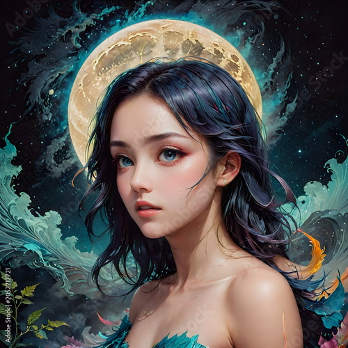Fantasy digital art portrait of an elegant woman with the moon and stars in the background