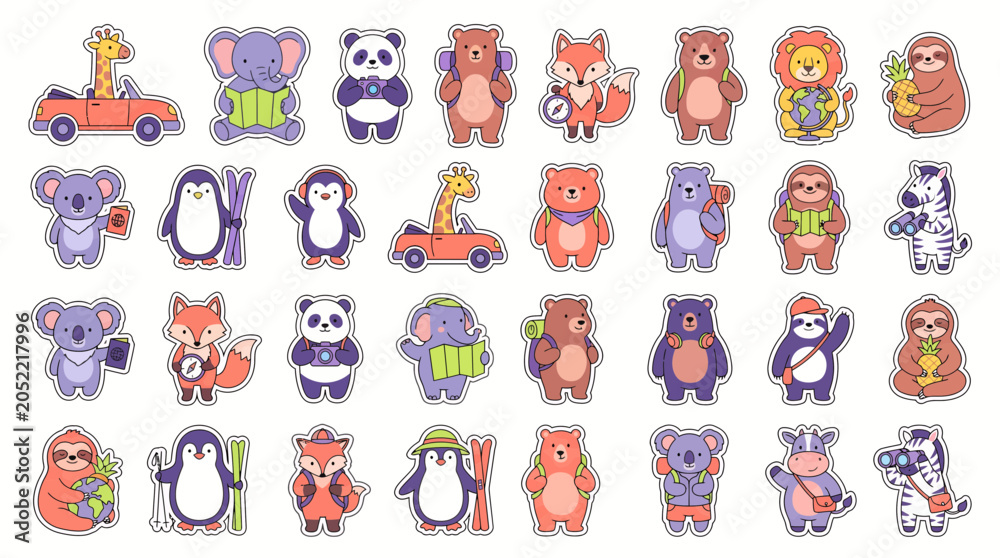 Fototapeta premium Large collection of cute cartoon animal travel stickers featuring diverse hiking characters with backpacks and maps, provides creative materials for children and symbolizes adventure activities