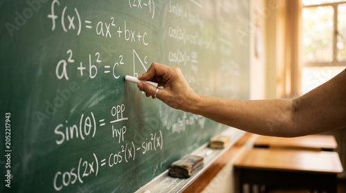 Hand writing complex math formulas on a chalkboard in a classroom