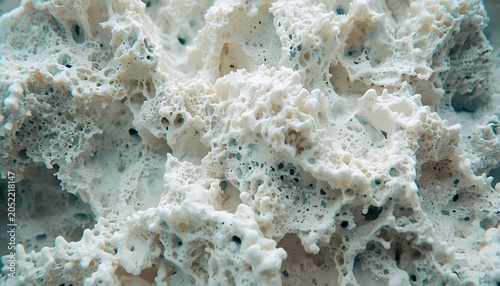 Macro closeup of porous white volcanic rock texture, abstract geological background with intricate holes and rough surface structure