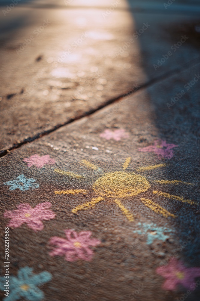 Fototapeta premium Child drawing of a yellow sun and colorful flowers made with sidewalk chalk on concrete pavement. Creative activity and outdoor play for leisure. Summer season childhood imagination.