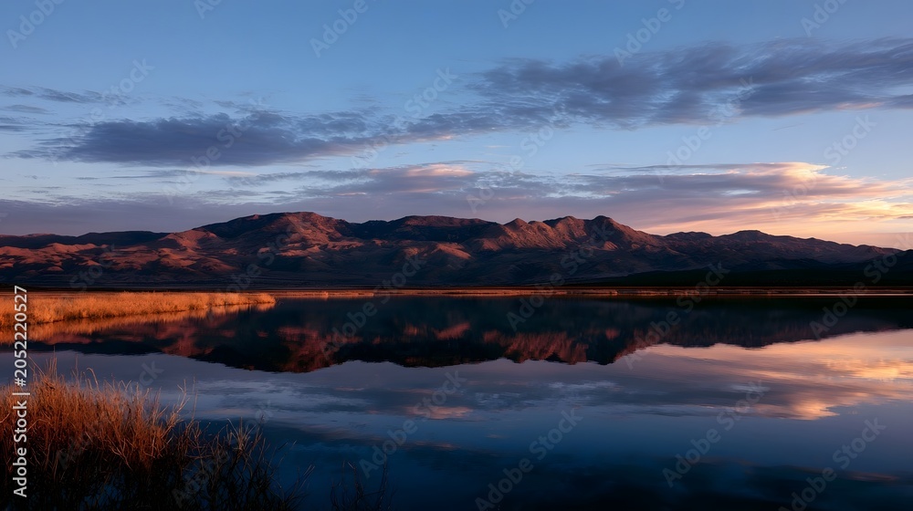 Naklejka premium A stunning reflection of mountains bathed in warm sunset glow on a calm body of water