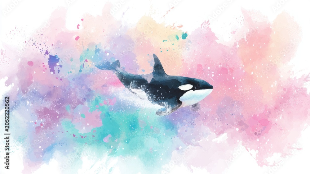 Obraz premium Orca swimming in watercolor splash background. Killer whale illustration with colorful paint strokes. Marine wildlife art concept for nature design, creative wallpaper and postcard.