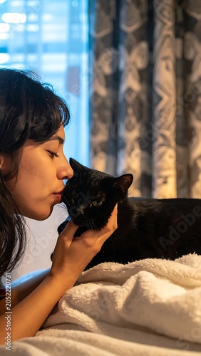 Woman holding black cat affectionately indoors.