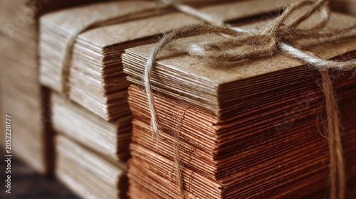 Stack of brown paper cards tied with rustic jute twine. Eco friendly stationery set for handmade craft project. Natural packaging materials for vintage style craft and paper art.