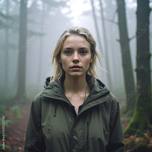 Woman in forest with foggy background.