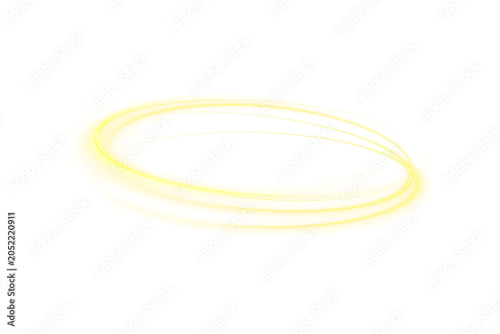 Naklejka premium Neon circle frame PNG in gold color. Swirling light lines create a golden trail on a transparent background. Luminous round line with glowing particles and sparkle effect.