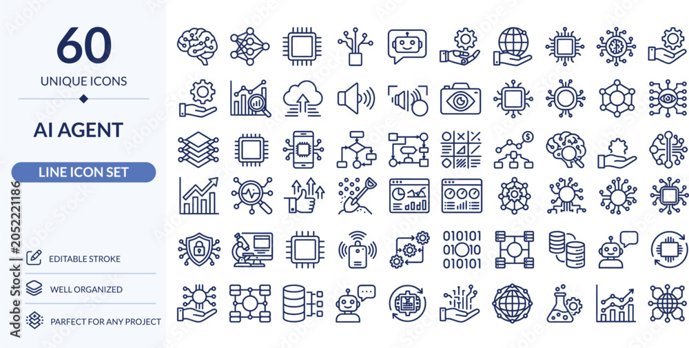 Obraz premium AI Agent Icon Set – Editable Line Icons | Artificial Intelligence, Robot & Automation Vector Illustration