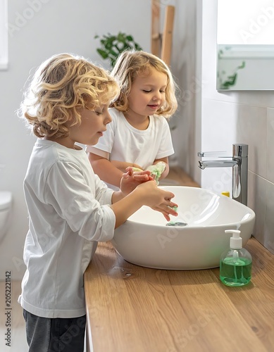 Young boy brushing teeth in bathroom.