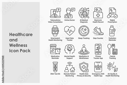Modern healthcare and wellness icon pack featuring telemedicine, fitness tracking, digital prescription, AI diagnosis, meditation, health monitoring, and medical technology outline symbols.