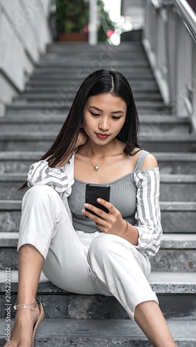 Young woman sitting on stairs using smartphone.