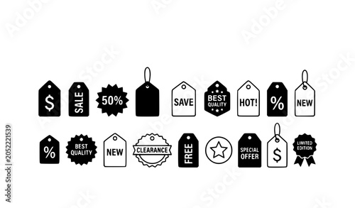 Horizontal tag icon set with retail and shopping label symbols