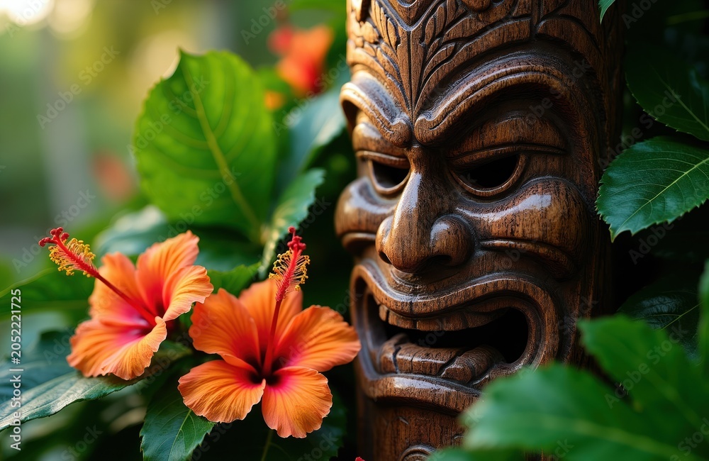 Obraz premium Wooden tiki mask carved with fierce expression sits among rich green leaves and bright orange hibiscus flowers. Tropical decor element for island party invitations or Hawaiian theme events.
