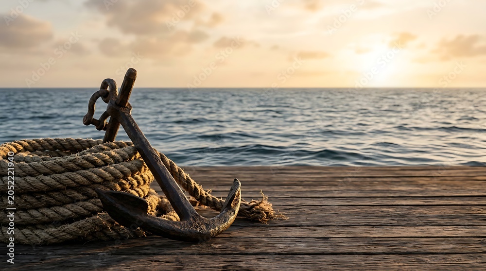 Obraz premium Old rusty anchor and thick rope on wooden pier at sunset