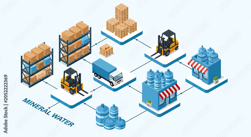 Fototapeta premium Isometric illustration depicting the mineral water supply chain, from production to retail, involving warehousing, forklifts, trucks, and stores.
