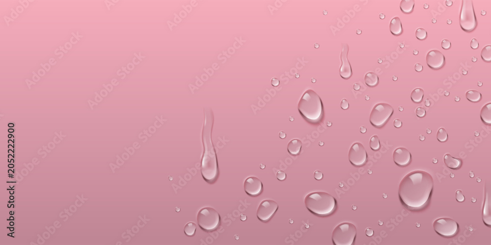 Naklejka premium Realistic water droplets on pink surface with fresh dew texture, spray effect, 3d vector background. Transparent liquid beads with natural moisture effect, clear rain splash design, frame template