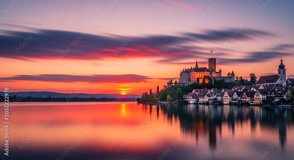 Naklejka premium Colorful Castle Town Reflecting on Calm Lake at Sunset