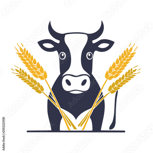 Black and white cow with wheat illustration