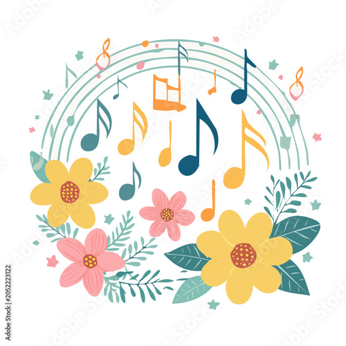 Circular arrangement of musical notes and flowers