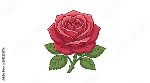 Red Rose Illustration Icon with Green Leaves and Stem on White Background