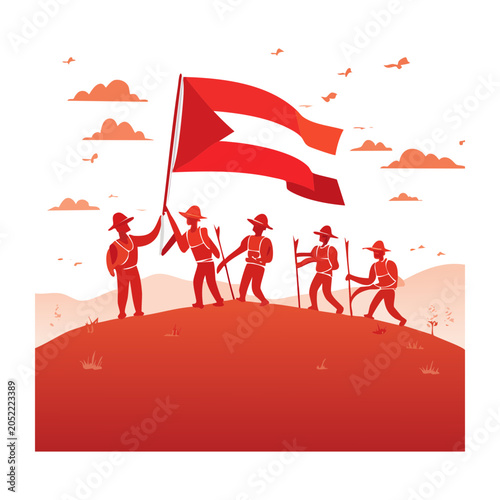 Group of soldiers holding a flag on a mountain
