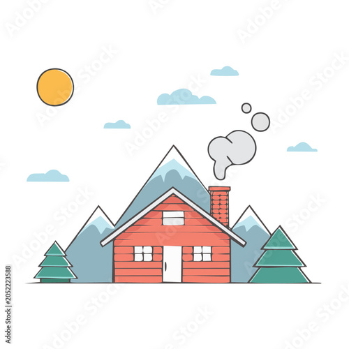 Red cabin in mountains with smoke from chimney