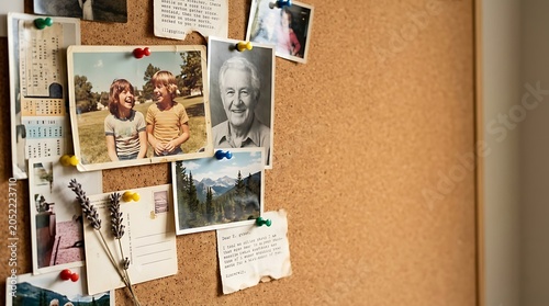 Nostalgic memories and family photos pinned on a cork bulletin board