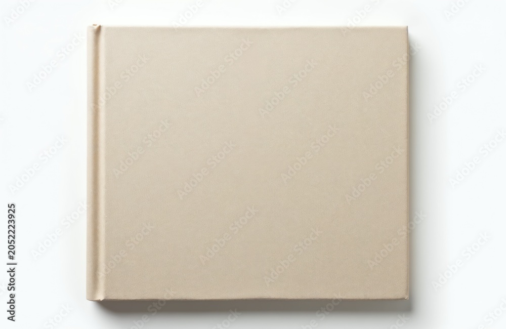 Fototapeta premium Plain beige fabric hardcover book lies flat isolated on white background. Simple, minimalist book cover for mockup. Clean, neutral base for design.