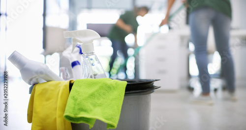 Photos Bucket, supplies and people with cleaning in office, antibacterial products and disinfectant spray