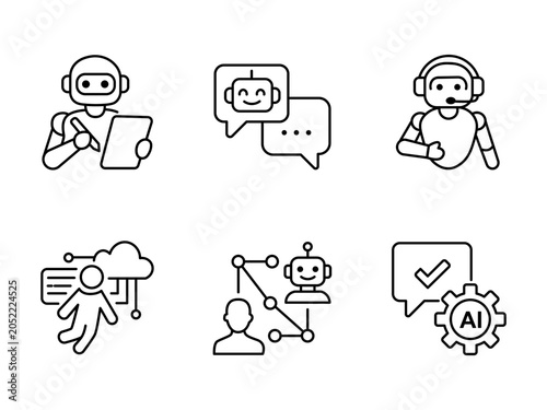 AI Chatbot and Virtual Assistant Line Icon Set for Customer Service