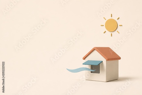 Minimal 3D illustration of a small house, shade panel, sun disk and cooling airflow ribbon. Passive cooling and heat resilience concept.