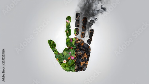 A conceptual image of a human handprint divided into two halves — one side made of green leaves and flowers representing life and nature, while the other side shows burnt coal and smoke symbolizing po
