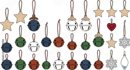 Rustic Christmas jingle bells and wooden ornaments vector illustration set featuring vintage colored metal bells stars snowflakes and hanging holiday tree decorations.