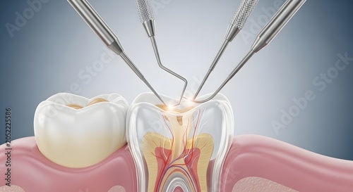 Cross section of a human tooth. Endodontic root canal treatment and cavity repair. Metallic dental instruments operating on a glowing inflamed pulp.