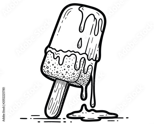 Obraz na plátně Hand drawn illustration of melting popsicle with sprinkles on a stick, dripping onto puddle on white background, summer treat