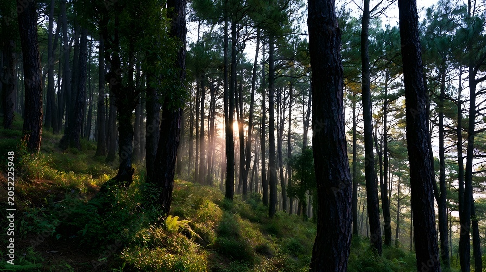 Obraz premium Golden morning sunlight streams through a dense pine forest creating a serene and tranquil atmosphere