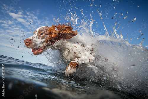 Action shot of an irish setter dog leaping through a powerful ocean wave with water splashing everywhere under a clear blue summer sky
