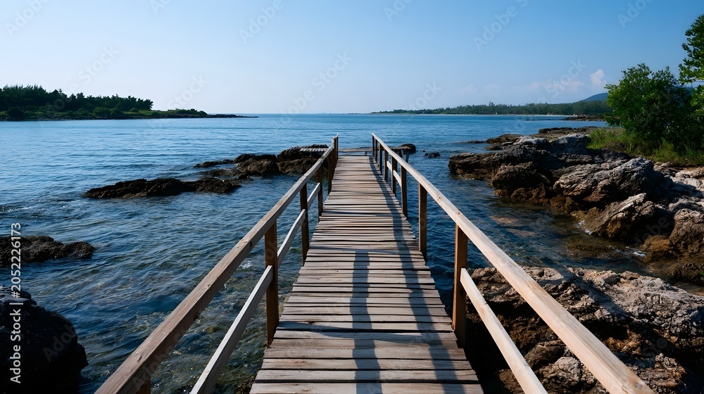 Naklejka premium A long wooden walkway extends over calm blue water offering a peaceful and scenic view of the natural landscape under bright sunlight