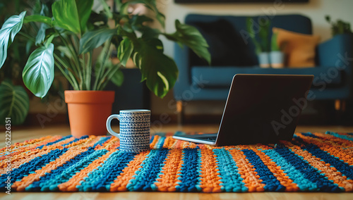 Cozy home office setup with a laptop and a ceramic mug on a colorful knitted rug next to a large green houseplant in a living room