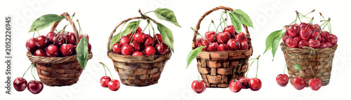 Foto Red cherries are abundant in various wicker baskets and scattered beside them, f