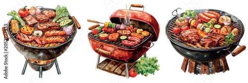 Foto Watercolor illustration of three barbecue grills sizzling steaks, sausages and v