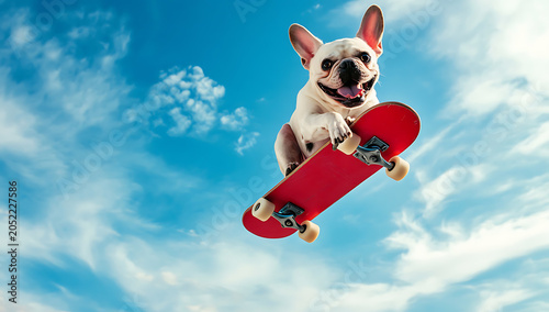 Happy french bulldog puppy performing a cool skateboard jump against a bright blue sky with fluffy white clouds in a fun summer outdoor setting