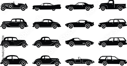 Schilderij op canvas Vector collection of classic and vintage car silhouettes including muscle cars a