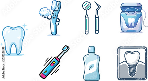 Quadro su tela Flat vector illustration set of dental care and oral hygiene icons including shi